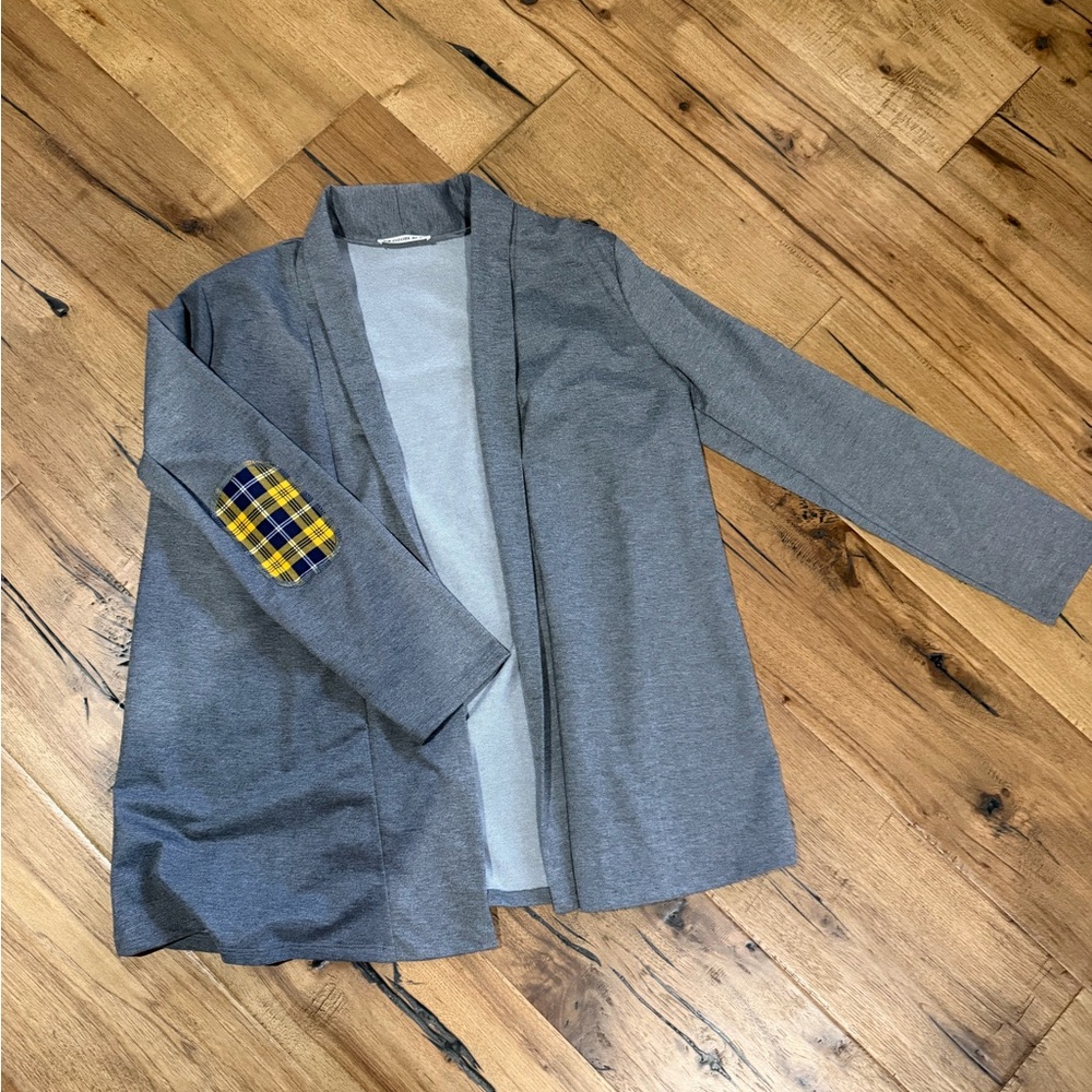 Doublju Gray Blazer with Plaid Elbow Patch